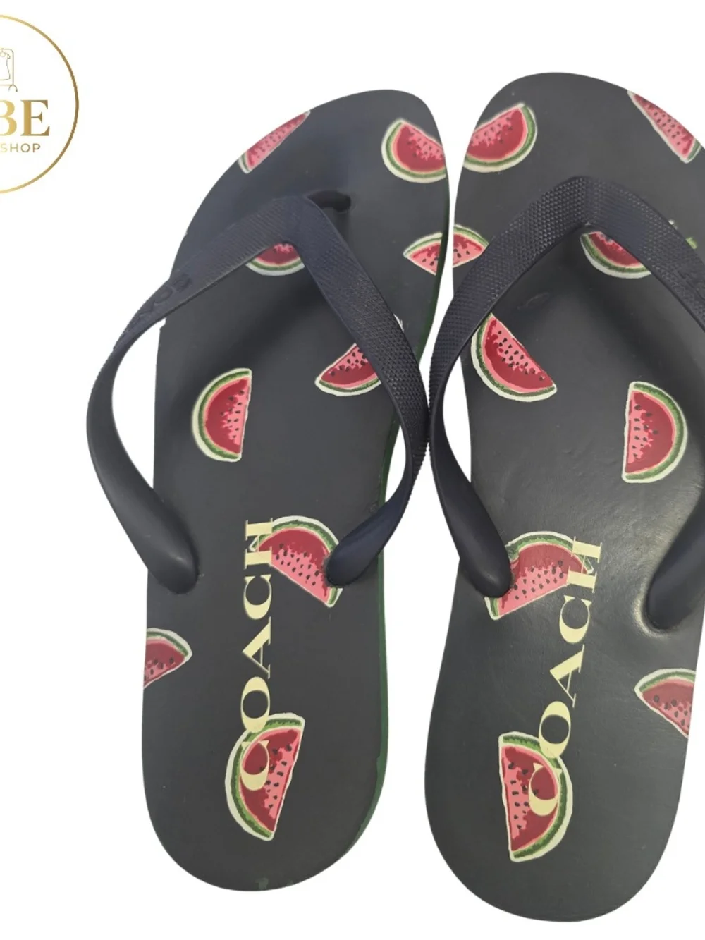 Coach Black Flip Flops with Pink & Green Watermelon Motif